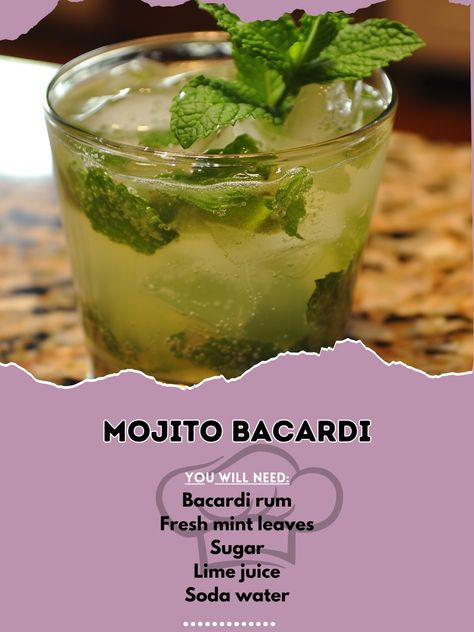 🍃 Indulge in the classic Mojito Bacardi, a minty refreshment for every party! #MintyFresh Mojito Bacardi Ingredients: Bacardi rum (2 oz) Fresh mint leaves (10) Sugar (2 tsp) Lime juice (1 oz) Soda water (to top) Ice Instructions: Muddle mint leaves with sugar and lime juice. Fill the glass with ice. Pour rum over the ice and top with soda water. Stir well and garnish with a mint sprig. 🌿 Enjoy the crisp and refreshing Mojito Bacardi, a blend of sweetness, citrus, and mint that’s irresisti... Bacardi White Rum Cocktails, Bacardi Lime Cocktail Recipes, Bacardi Mojito, Bacardi White Rum, Bacardi Cocktail, Bacardi Rum, Cocktail Party Food, Culinary Techniques, Mint Sprig