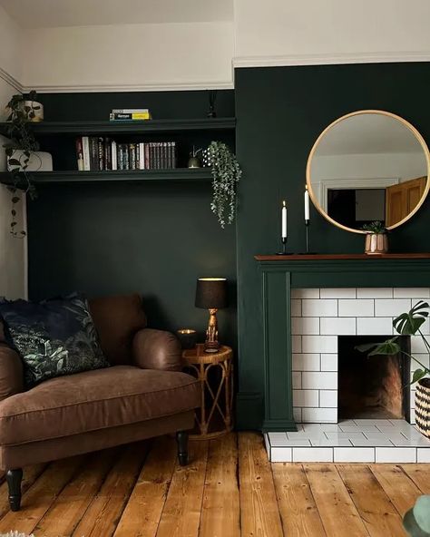 Little Greene Obsidian Green 216 living room fireplace Green Statement Wall Living Rooms, Dark Small Living Room, Dark Cosy Living Room, Snug Ideas, Moody Rooms, Snuggle Chairs, Room Green, Makeover Bedroom, Cosy Living