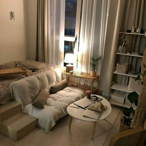 8 Sqm Bedroom Ideas, Japanese Futon Bedroom Ideas, Midcentury Modern Bedroom Aesthetic, Korean Style Room, Small Bedroom Inspiration, Studio Apartment Living, Room Redesign, Cozy Room Decor, Minimalist Room