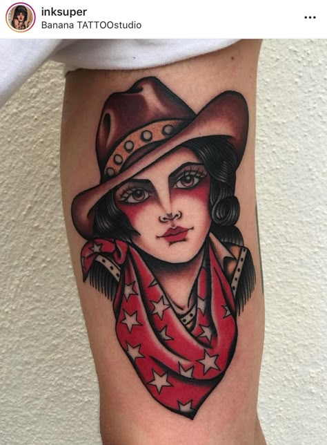 Traditional Tattoo Face, Traditional Tattoo Girls, Cowgirl Tattoo, Traditional Tattoo Woman, Face Tattoos For Women, Cowgirl Tattoos, Cowboy Tattoos, Girl Face Tattoo, Western Tattoos