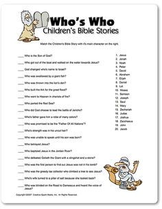 Printable Who's Who - Children's Bible Stories Bible Questions For Kids, Bible Quiz Games, Sunday School Worksheets, Bible Trivia, Sunday School Games, Questions For Kids, Church Games, Bible Worksheets, Bible Questions