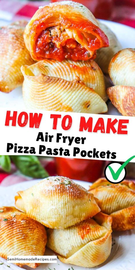 Air Fryer Pizza Pasta Pockets - Crispy Shells stuffed with ground beef or ground turkey, pizza sauce and fresh mozzarella pearls! Top these Pizza pockets with parmesan cheese and parsley before dunking them into pizza sauce for a great appetizer, dinner or snack! Ground Turkey Pizza, Turkey Pizza, Appetizer Dinner, Pockets Recipe, Air Fryer Pizza, Fried Pasta, Shells Stuffed, Mozzarella Pearls, Pizza Pockets