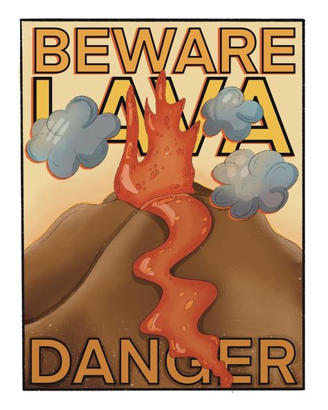 An illustration of a volcano shooting out hot lava. Presented in a graphic poster warning the viewever of danger. Volcanic Eruption Illustration, Volcano Poster, Volcano Drawing, Warning Poster, Random Graphics, Volcanic Eruption, School Creative, Bond Paper, Easy Diy Art