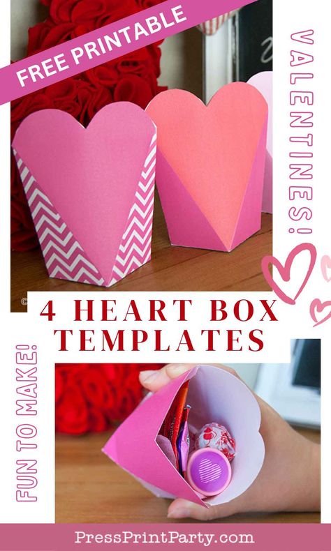 4 Free Heart Box Template Printables for Valentine's Day -Celebrate Valentine's Day in style with this adorable set of free heart box template printables to hold that special, sweet, little gift! Each template is uniquely designed to hold all sorts of little gifts and surprises, making them a versatile and fun way to spread the love. The download is a PDF file with all 4 paper heart box templates - Great for kids classroom gifts or Galentine's day favors - Press Print Party! Heart Box Template, Gift Box Template Free, Applesauce Valentines, Printable Heart Template, Valentine Template, Valentines Day Baskets, Valentine Favors, Heart Gift Box, Box Templates