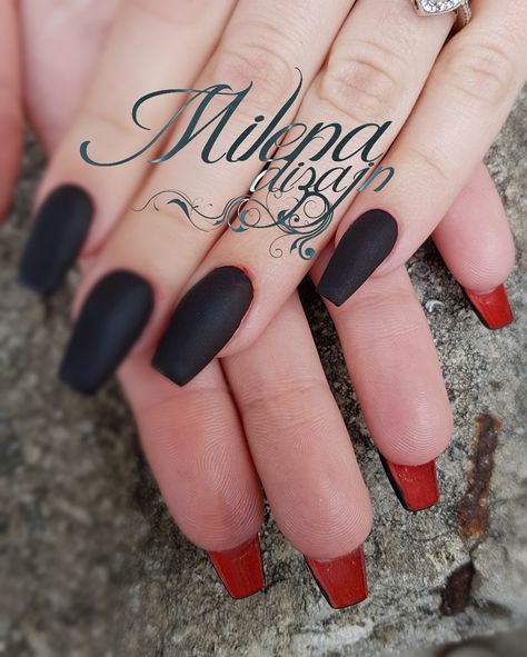 Matte Black Nails Red Bottoms, Matte Black And Red Nails, Black Red Nails Design, Nails Black And Red, Red Nails Design, Red Bottom Nails, Nail Work, Black Coffin Nails, Halloween Acrylic