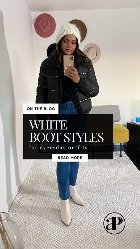 Are you looking for the perfect outfit to pair with your white boot styles? Whether you're going for a boots and jeans look or more dressy outfits, white boots can be a great addition to your wardrobe. From jean jacket outfits to a mini dress outfit, there are so many stylish ways to have the perfect white boots style. Check out our blog for some outfit ideas and tips on how to make white boots work for any style clothing! How To Style Ivory Boots, White Bootie Outfits Fall, Ivory Boots Outfit Ankle, Styling Cream Boots, White Boots With Jeans Outfit, Cream Ankle Boots Outfit Winter, White Mid Calf Boots Outfit, How To Style Cream Boots, Ivory Boots Outfit Winter