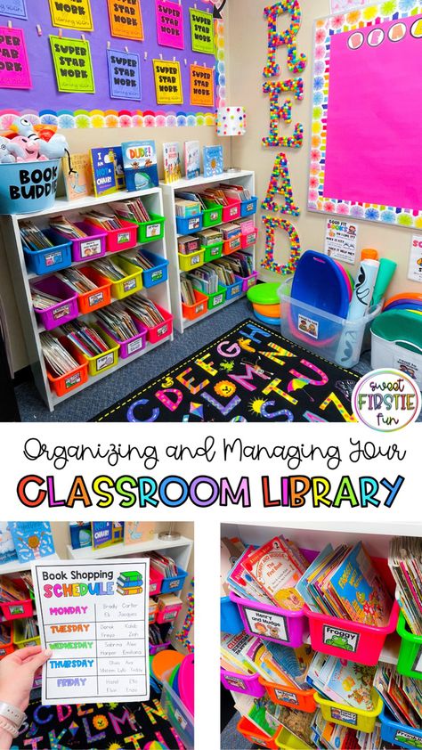 Organizing Classroom Library, Elementary Classroom Library Ideas, Preschool Reading Corner, Classroom Setup Elementary, Kindergarten Library, Preschool Library, Classroom Library Organization, Elementary Classroom Themes, Teaching Organization