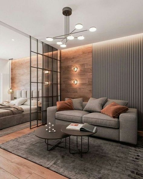 Living Room And Bedroom Combo, Glass Wall Design, Condo Interior Design, Studio Apartment Living, Small Apartment Interior, Condo Interior, Deco Studio, Small Apartment Design, Appartement Design