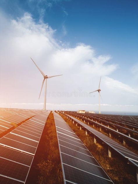 Windmill and solar panel farm producing renewable energy with wind and sun stock image Wind Mill, Solar Panel, Renewable Energy, Vector Pattern, Solar Panels, Solar, Stock Images, Energy, Sun