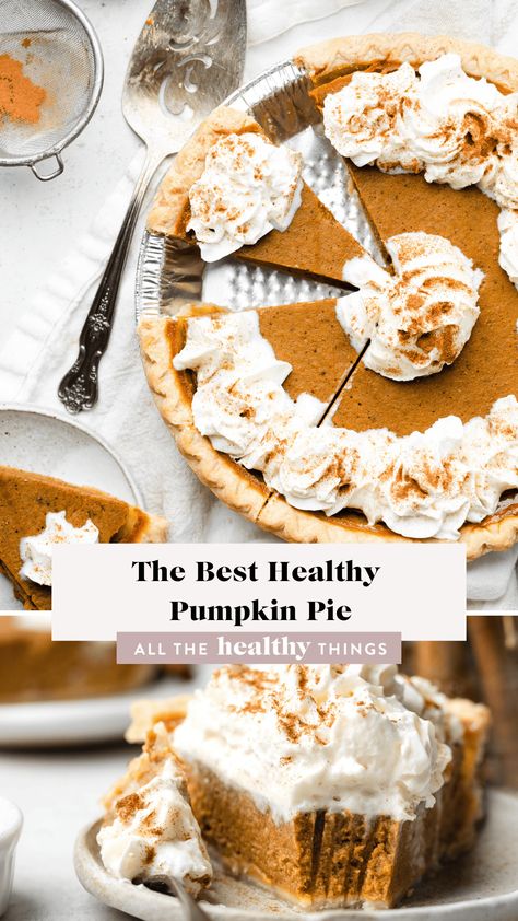 The best Healthy Pumpkin Pie with a perfectly creamy and delicious filling that is SO EASY to make. This healthier version of traditional pumpkin pie is naturally sweetened with pure maple syrup, dairy free, and can easily be made gluten free so that everyone can enjoy a slice! Crustless Pumpkin Pie Recipe, Dairy Free Pumpkin Pie, Sugar Free Pumpkin Pie, Healthy Pumpkin Pie, Healthy Pies, Crustless Pumpkin Pie, Healthy Pumpkin Pies, Pie Filling Recipes, Pumpkin Pie Recipe