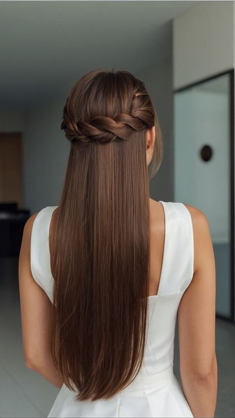 Hairstyles For Short Hair For Wedding Bridesmaid, Simple Wedding Hairstyles For Straight Hair, Half Up Half Down Wedding Straight Hair, Wedding Hairstyles Straight Hair Half Up, Prom Hair For Straight Hair, Long Straight Hair Half Up Half Down, Bride Hair Down Straight, Straight Bridesmaid Hairstyles, Hear Style Woman