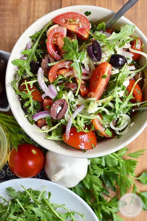 Salad Coleslaw, Greek Cucumber, Salad Arugula, Salad Greek, Eat Greek, Arugula Salad Recipes, Iowa Girl Eats, Spiralizer Recipes, Ambrosia Salad