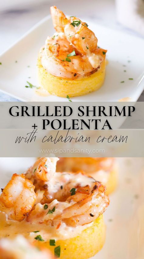 Grilled Shrimp + Polenta with Calabrian Chili Cream Sauce requires little effort but makes a big impact! It’s an quick, easy and delightfully delicious appetizer…everyone will think you’re so fancy! When you pair ‘shortcut’ polenta with quick-cooking shrimp, and a spicy sauce that comes together in mere minutes, you’ve got an elevated appetizer that will wow your guests (with nary a bead of perspiration forming on your brow)! Shrimp Amuse Bouche, Garlic Shrimp Crostini With Avocado, Elegant Seafood Appetizers, Thanksgiving Shrimp Appetizer, Shrimp And Polenta Cakes, Fancy Shrimp Appetizers, Polenta Bites Appetizers, Shrimp Polenta Recipes, Shrimp Starter Recipes