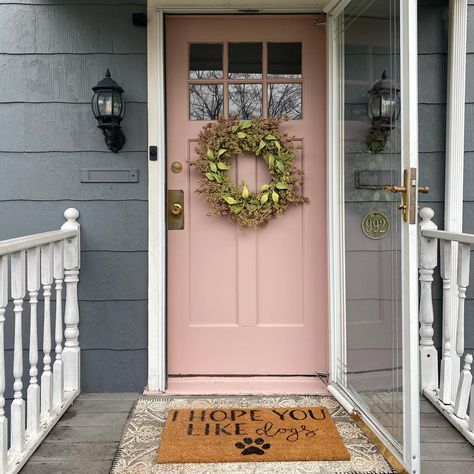 Front Door Ideas Colour, Pastel Pink Front Door, Rose Pink Front Door, Pink Door Grey House, Dusty Rose Front Door, Lavender Front Door Paint Colors, Mauve Front Door Colors, Pink Door Blue House, Blush Front Door Paint Colors