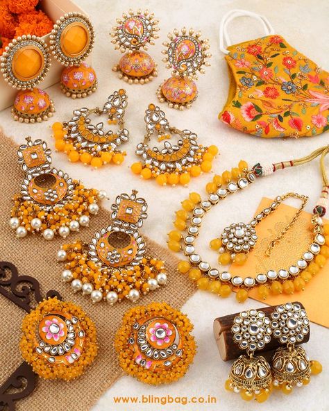 Statement and ethnic yellow jewellery for every Indian wedding season. High-quality shop online from BlingBag's website www.blingbag.co.in #theblingbag #blingboutique #ethnicwear #ethnic #ethnicwearonline #ethnicjewellery #ethnicfashion #indianethnicwear #ethnicjewelry #ethniclook #earrings #earringsoftheday #earringsforsale #earringsofinstagram #earringslover #earringstagram #handmadeearrings #statementearrings #fashionearrings #yellow #haldi #shaadi #wedding #india #mehendi Jewelry Infographic, Mehendi Jewellery, Haldi Jewellery, Bling Bags, Bridal Jewellery Design, Yellow Jewelry, Bollywood Jewelry, Yellow Earrings, Fashion Jewelry Earrings