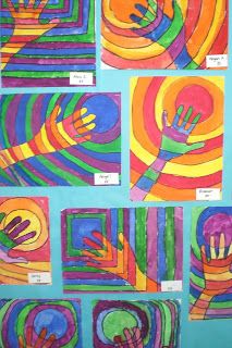 Third grade used warm and cool colors and pattern to create these tempera paintings.  The students viewed artwork by native people and ho... Third Grade Art Project, Color Art Lessons, Hand Kunst, Third Grade Art, Shape Ideas, Kraf Kertas, Color Lessons, 2nd Grade Art, 4th Grade Art