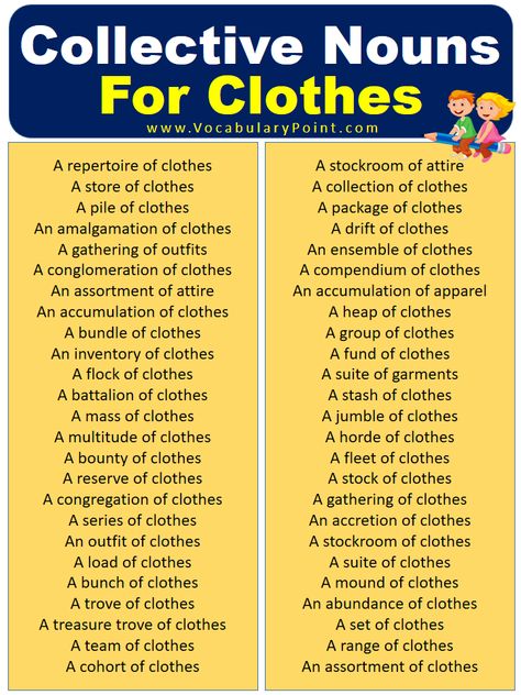 When it comes to describing a group of clothes, we often find ourselves using the term wardrobe or simply referring to them as clothing. However, did you know that there are specific collective nouns for clothes? These unique terms not only add a touch of creativity and elegance to our language, but also provide a ... Read more The post Collective Nouns For Clothes (With Meaning and Examples) appeared first on Vocabulary Point. Clothing Description Words, Spring Collection Fashion, Style Chart, Collective Nouns, Boutique Display, Key Words, Matching Costumes, Descriptive Words, Charity Organizations