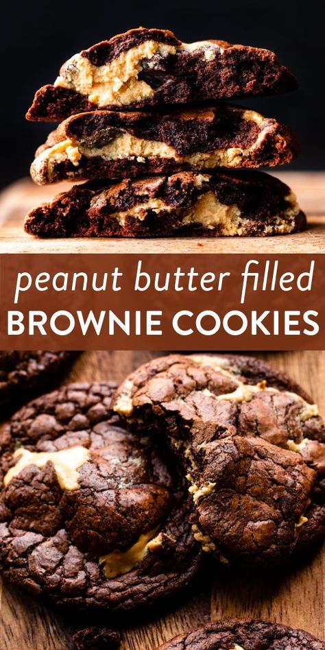 These peanut butter filled brownie cookies are soft and fudge-like with a creamy peanut butter ripple swirled throughout. #pb #cookies #brownies I Lost 100 Pounds, Pb Cookies, Cookies Brownies, Lost 100 Pounds, Peanut Butter Filling, Peanut Butter Brownies, Peanut Butter Recipes, Think Food, Brownie Cookies