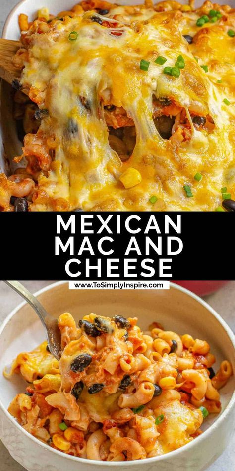 Mexican Mac and cheese is a homemade taco mac with a twist of traditional mac and cheese.  It's an easy dinner to make with simple ingredients of macaroni, beans, corn, tomatoes, and plenty of cheese, it's a perfect hearty meal for a busy nights! Easy Dinner To Make, Mexican Mac And Cheese, Skillet Mac And Cheese, Taco Mac, Taco Mac And Cheese, Vegan Tacos Recipes, Best Macaroni And Cheese, Best Macaroni Salad, Best Mac And Cheese