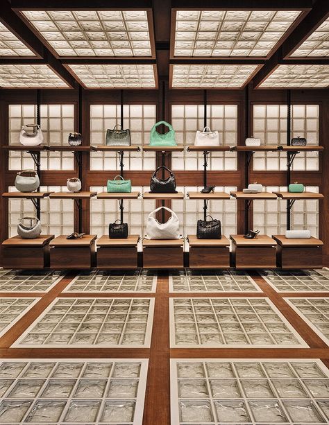 glass blocks engulf bottega veneta's avenue montaigne flagship Concrete Interiors, A Space Odyssey, Avenue Montaigne, Paris Store, Glass Brick, London Design Festival, Space Odyssey, Modular Shelving, Paris Design