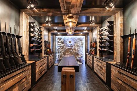 Vault Room Ideas, Tactical Room Ideas, Safe Room Ideas, Home Vault, Hunting Room Design, Hunting Room Ideas Man Caves, Hunter Room, Mountain Dream Homes, Tack Rooms