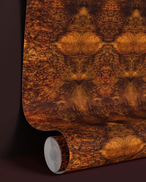 BEAU BURR - Burr Walnut is a highly covetable wood featuring the wonderful richness and distinctive pattern of swirling grain, knots and burls, with shades of brown, reddish-brown and dark amber giving depth and dimension to the design. This wallpaper exudes luxury and style and is sure to become the focal point of any room, leaving a lasting impression on all who enter. #luxurywallpapers #luxurywallcoverings #libertyjamesstudio #wallslessordinary #burrwalnut #walnutwood #houseandhome #homea... Wallnut Wallpaper, Burl Wood Wallpaper, Tree Burl Natural, Burl Walnut Coffee Table, Vintage Burl Wood Dresser, Walnut Burl, Burl Wood, Wood Wallpaper, Shades Of Brown