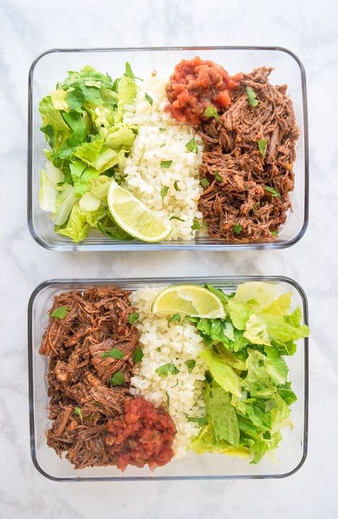 Tinga Meal Prep, Meal Prep With Variety, Keto Mexican Lunch Ideas, Shredded Beef Meal Prep, Beef Meal Prep Ideas, Container Meals, Mexican Takeout, Cooked Cauliflower, Chipotle Beef