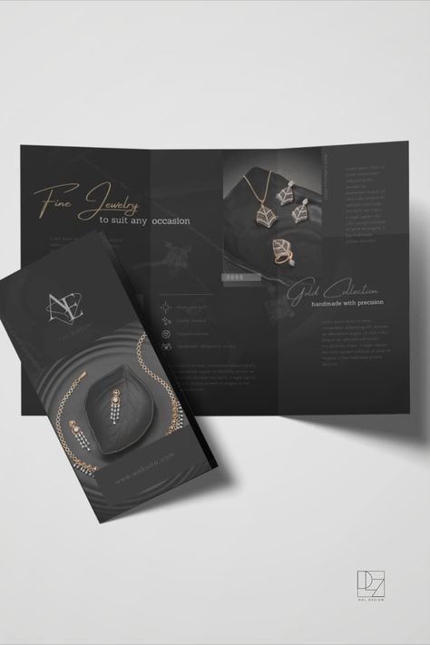 Elevate your jewelry brand's marketing with this luxurious trifold brochure Canva template, meticulously designed for jewelers who specialize in high-end, fine jewelry. This elegant template is perfect for showcasing your most exquisite collections in a way that reflects the opulence and sophistication of your pieces. Black Brochure, Elegant Template, Trifold Brochure Template, Trifold Brochure, Luxurious Design, Expensive Jewelry, Jewelry Business, Brochure Design, Brochure Template