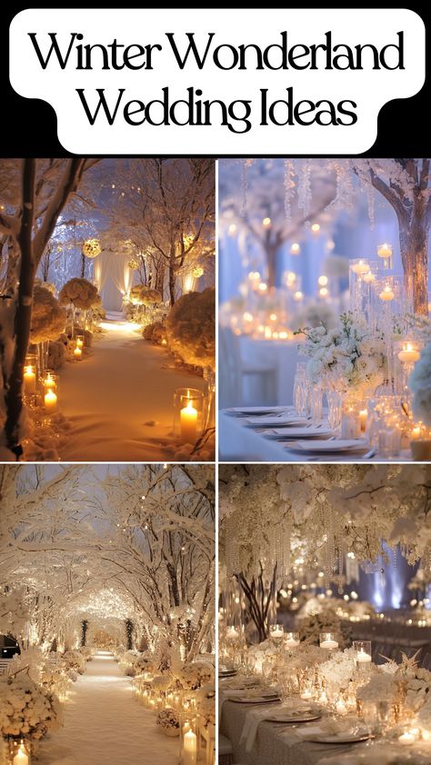 Elegant winter wonderland wedding setup with white flowers and candlelit decor. Winter Wedding Backdrop Ideas, Winterwonder Land Wedding, Winter Wonderland Wedding Ideas, Winter Theme Wedding, Winter Wonderland Wedding Decorations, Candlelit Ceremony, White Floral Arrangements, Wedding Themes Winter, Winter Wedding Decorations