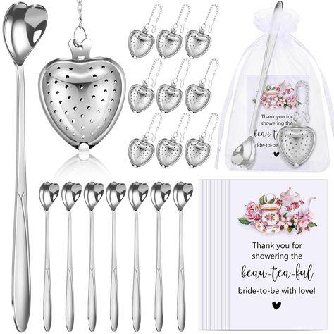 PRICES MAY VARY. Nice Combination for You: step into a world of elegance with our bridal shower tea party favors, each set contains 25 heart shaped tea spoons, 25 heart tea infusers with a glossy silver finish, 25 thank you cards and 25 organza bags, our designs are intrinsically romantic, well matching the style of a bridal shower or a wedding event Quality Material Selection: sturdy and Luxurious Material: crafted with reliable materials, our heart shaped spoon and heart shaped tea infuser are Bridal Shower Favors For Guests, Tea Steeper, Tea Party Favors, Tea Spoon, Loose Tea, Tea Infuser, Organza Bags, Tea Party, Thank You Cards