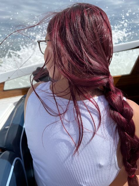 Cherry Red Hair Styles, Cherry Hair Aesthetic, Muted Red Hair, Berry Hair Color, Red Hair On Brown Skin, Red Hair Ponytail, Dark Cherry Hair, Pelo Color Vino, Hair Color For Brown Skin