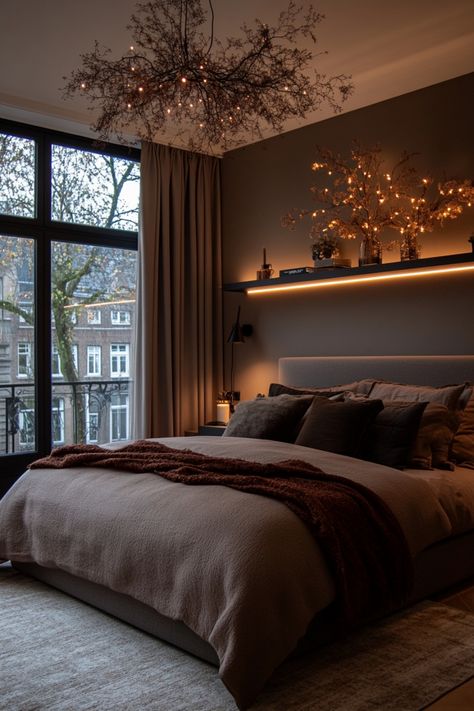 Create a romantic, neutral bedroom with these tips on how to style a gray bedroom. Rich Brown Bedroom, Gray Brown Black Bedroom, Gray Bed Ideas Bedrooms, Dark Chocolate Bedroom, Brown And Neutral Bedroom, Brown Grey Room, Dark Brown Room Ideas Bedrooms, Dark Gray Room Ideas Bedroom, Grey And Brown Bedroom Ideas