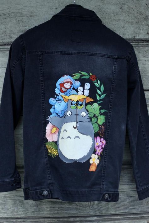 Ghibli Jacket, Jean Reference, Kid Core Outfits, Hand Painted Jean Jacket, Jacket Painting, Painted Jean Jacket, Christian Drawings, Diy Denim Jacket, Clothes Embroidery Diy