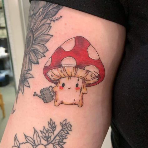 Cute Mushroom Tattoo, Mushroom Tattoo Design, Mushroom Tattoo Ideas, Tato Tradisional, Tato Minimal, Mushroom Tattoo, Tato Jari, Pola Tato, Cartoon Mushroom