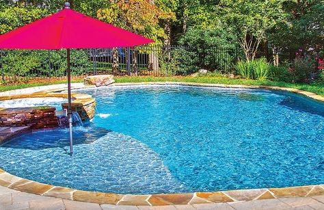 Swimming Pool With Baja Shelf and Red Umbrella Swimming Pool Renovation, Pool Makeover, Baja Shelf, Blue Haven Pools, Tanning Ledge Pool, Pool Plaster, Large Patio Umbrellas, Tanning Ledges, Pool Umbrellas