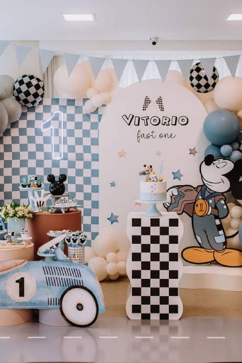 Check out this fun Mickey Racer 1st birthday party!  The dessert table is fantastic!!  See more party ideas and share yours at CatchMyParty.com Mickey One Year Birthday, Mickey Mouse Backdrop Ideas, Disneyland First Birthday, Mickey Mouse Backdrop, Mickey Mouse Birthday Party Ideas, Birthday Mickey Mouse, Disneyland Birthday, Mickey Birthday Party, Anna Birthday