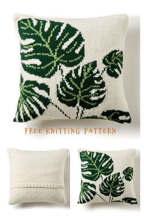 Tropical Leaf Pillow Free Knitting Pattern Pillows Aesthetic, Leaf Knitting Pattern, Crochet Cushion Covers, Knitted Cushion Covers, Leaf Pillow, Cushion Cover Pattern, Throw Pillow Pattern, Crocheting Patterns, Crochet Cushion