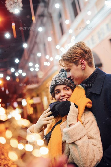 Couple Post, Christmas Couple Pictures, Christmas Street, Blue Aesthetic Dark, Couple Christmas, Walk Together, Warm Clothes, Stylish Photo Pose, Winter Love