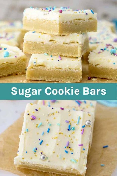 These Easy Sugar Cookie Bars are soft and chewy and topped with a perfect whipped vanilla frosting. They’re buttery, dense and chewy in the middle. Sugar Cookie Bars are perfect when you don’t feel like going through all the hassle to make cut out sugar cookies. #sugarcookies #sugarcookiebars #easysugarcookies #easysugarcookierecipe Vanilla Bars Desserts, Dessert With Frosting, Sugar Cookies Bars Recipe, Bar Sugar Cookie Recipe, Sugar Cookie Dessert Recipes, Cookie Bar Ideas Parties, Things To Make With Sugar Cookie Dough, Sugar Cookie Brownies, Desert Bars Recipes Easy