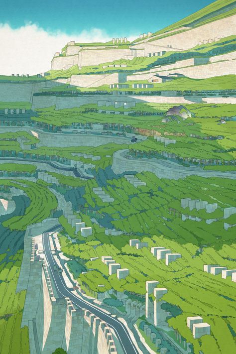 Fantasy City, Fantasy Places, Wow Art, Fantasy Art Landscapes, Green Landscape, Landscape Illustration, Hayao Miyazaki, Arte Fantasy, Environment Design