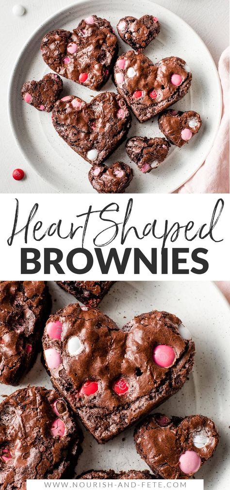 These easy and adorable heart shaped brownies are perfect for Valentine's Day! Fudgy brownies packed with chocolate chips and pink M&Ms, cut into cute heart shapes for maximum sweetness. Heart Shaped Brownies, Basic Brownie Recipe, Valentines Recipes Desserts, Valentines Snacks, Valentines Baking, Baking Basics, Baking Science, Valentine Desserts, Valentines Day Desserts