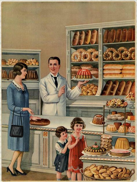 Anonymous Artists - BREAD STORE / PASTRY STORE Bread Store, How To Store Bread, Vintage Housewife, Vintage Family, Vintage Cooking, Vintage Illustrations, Pastry Shop, Foto Vintage, Vintage Life