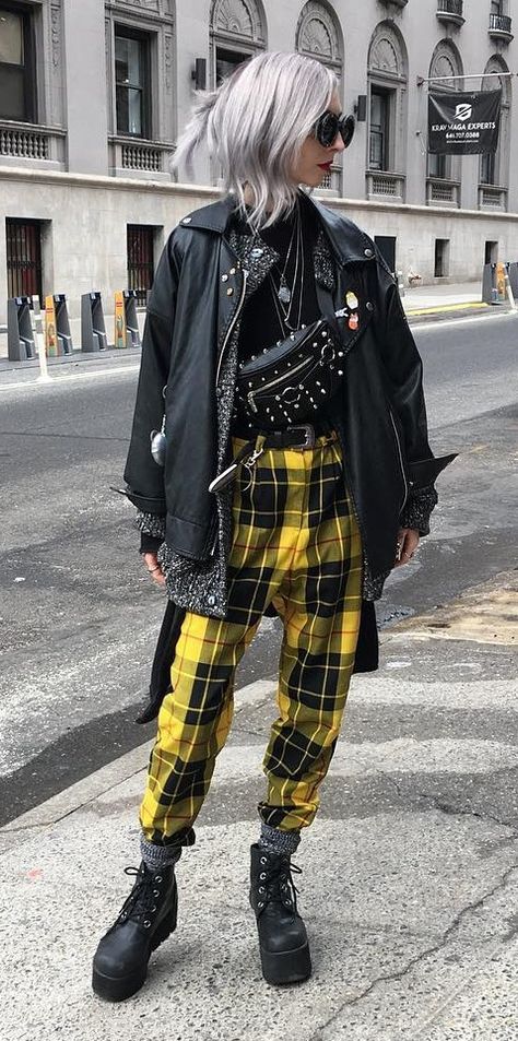 Moto jacket with black top, cardigan, yellow tartan pants & platform boots by kimiperi Yellow Plaid Pants, Plaid Pants Outfit, Old Fashioned Style, Fashion Alternative, Tartan Pants, Yellow Pants, Punk Outfits, Yellow Plaid, Plaid Pants