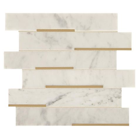 American Olean Genuine Stone White Carrara and Brass 11-in x 11-in Metal and Stone Linear Marble Mosaic Wall Tile (Common: 11-in x 11-in; Actual: 11.81-in x 11.81-in) Transitional Tile, Stone Look Wall, Bath Tile, Metal Mosaic Tiles, Fireplace Facade, Marble Wall Tiles, Mosaic Wall Tiles, Fireplace Remodel, Accent Tile