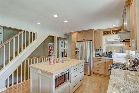 Stairway In Kitchen, Open Staircase In Kitchen, Staircase In Kitchen, Open Basement Stairs In Kitchen, Stairway Remodel, 2022 Kitchen, Stairs In Kitchen, Colonial Kitchen, Stairs In Living Room