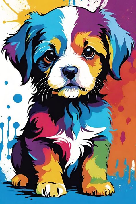 Dog Painting Pop Art, Colorful Dog Art, 50 Tattoo, Dog Design Art, Sunset Canvas Painting, Pop Art Cat, Dog Pop Art, Homemade Dog, Dog Beds