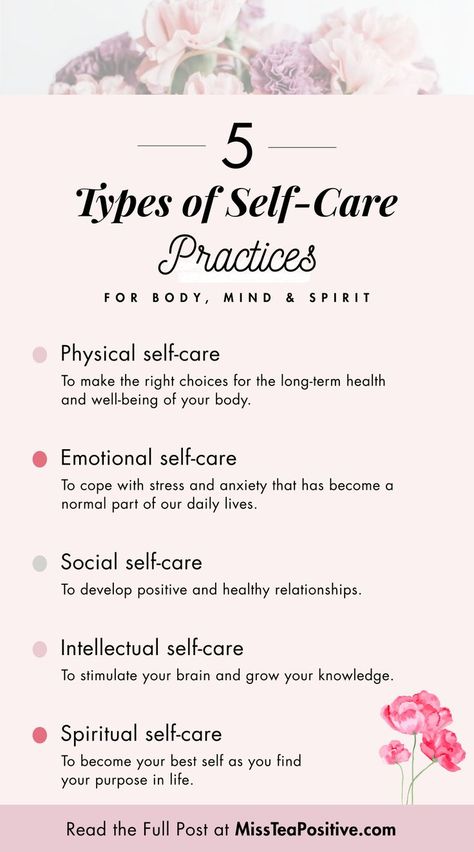 What is self-care and why is it important? Learn 5 different types of self-care activities to look after yourself for a healthy mind, body & spirit. Know the five dimensions of self-care: Physical self-care, Emotional self-care, Social self-care, Intellectual self-care and Spiritual self-care. Start living a healthy lifestyle by practicing self-care even if you're a beginner. Understand your self-care needs and find ideas to achieve your wellness goals. Types Of Self Care, Self Care Practices, Wellbeing Activities, Wellness Activities, Self Care Bullet Journal, What Is Self, Look After Yourself, Healthy Lifestyle Tips, Physical Wellness