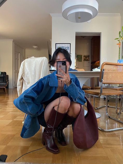 Girl posing for picture in mirror wearing denim jacket and red knee high boots Oxblood Boots Outfit, Sangeti Boot Outfit, Vince Camuto Sangeti Boot, Mahogany Boots Outfit, Vince Camuto Boots Outfit, Maroon Boots Outfit, Eden Masliah, Burgundy Boots Outfit, Maroon Boots