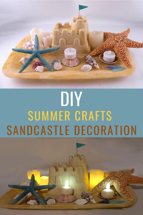 Easily recreate the feeling of the beach with this beautiful DIY sandcastle decoration.  Gather sand and shells from your beach getaway along with some inexpensive starfish. Add flameless candles to brighten your sandcastle beach display. Learn how to easily make this fun summer craft! #summercrafts #diysummercraftsdecor #summerbeachcrafts #beachcrafts #summercraftideas Diy Beach Decor, Fun Summer Crafts, Diy Summer Crafts, Castle Decor, Boys Playroom, Diy Beach, Summer Craft, Diy Summer, Beach Diy