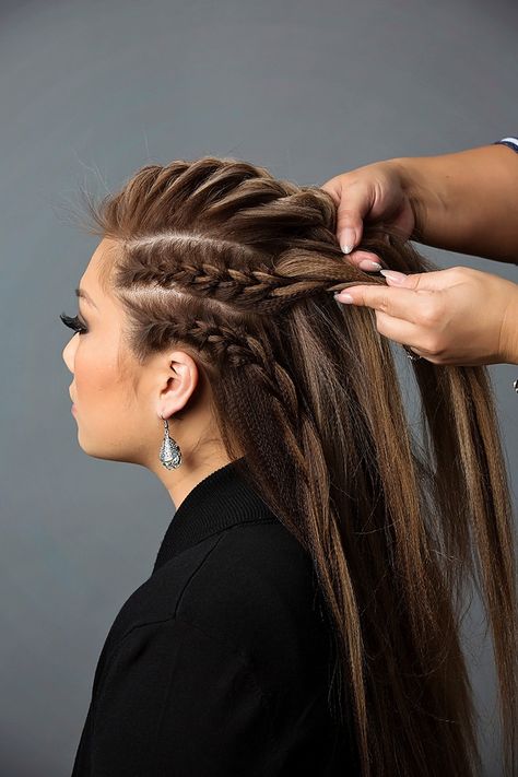 Add the French braids on the sides to the French braid on top and combine the braids Night Hairstyles, Side Braid Hairstyles, Mohawk Braid, Viking Hair, Vlasové Trendy, Mohawk Hairstyles, Braids For Long Hair, Box Braids Hairstyles, French Braid